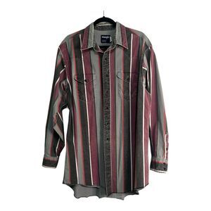 VTG 90s Striped Wrangler Brushpopper Western Shirt Pink Gray 18x36 Tall X-Long